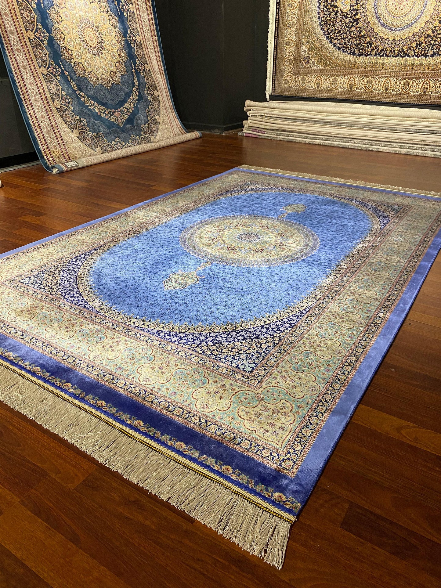 5x8 Blue Medallion Silk Rug, Palace Silk Rug, Turkish Living Room Rug
