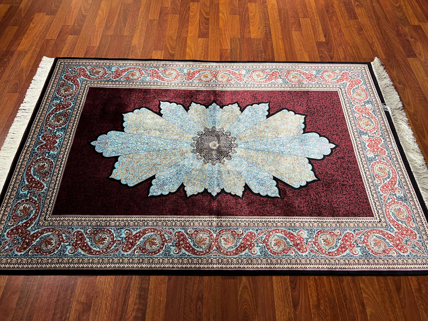4x6ft Red Blue Runner Silk Rug, 4x6 Hallway Rug, Silk Runner Rug, Kitchen Runner Rug