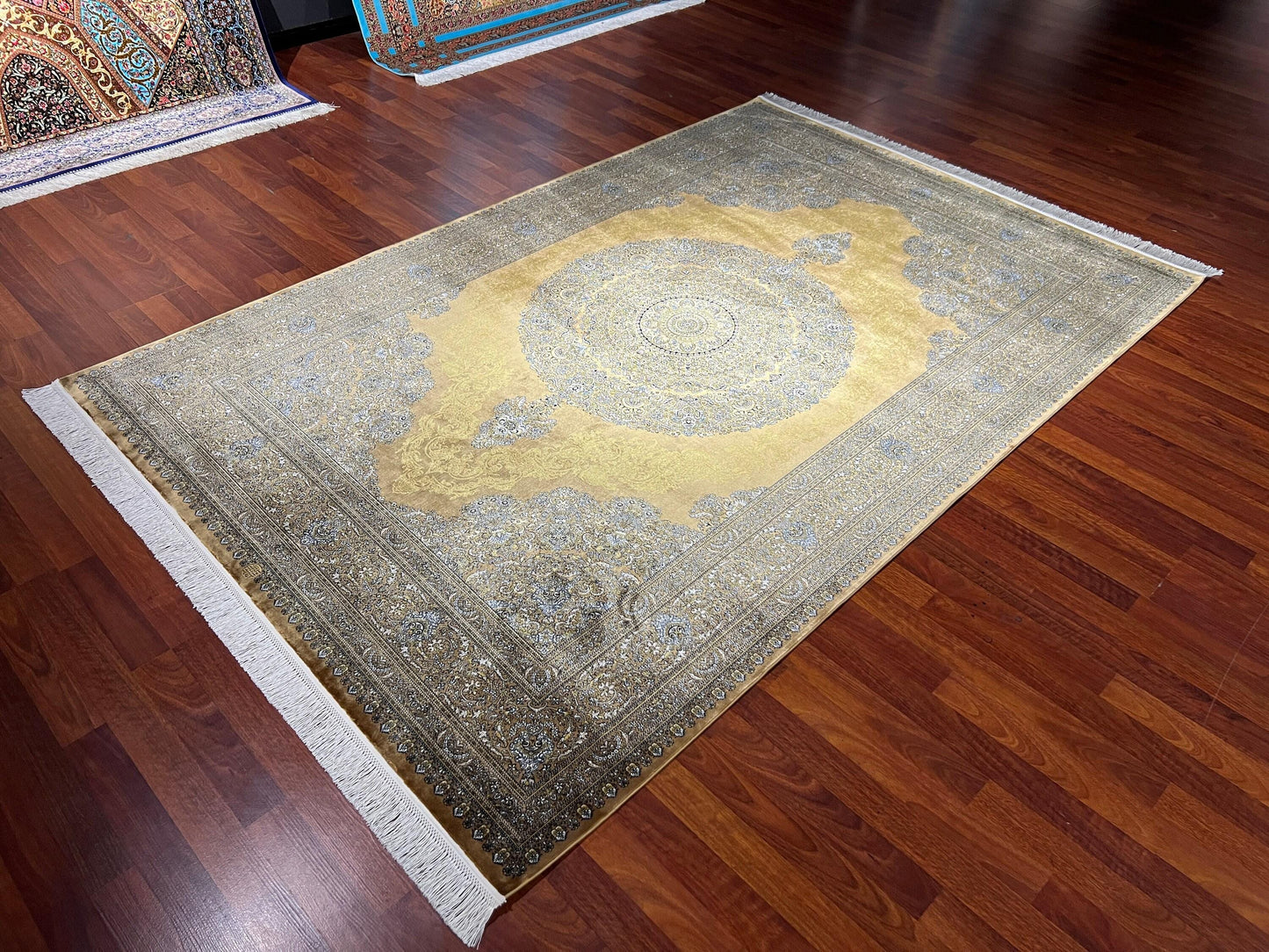 5x8 Gold Medallion Silk Rug, 100% Bamboo Silk Area Rug, Luxury Living Room Carpet