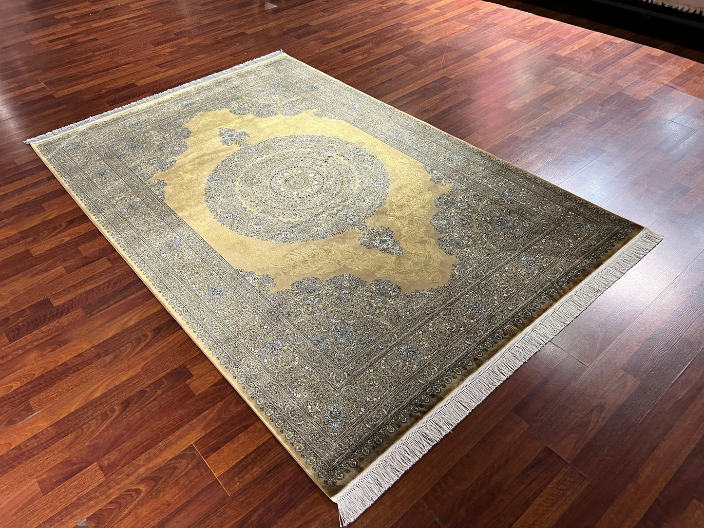 5x8 Gold Medallion Silk Rug, 100% Bamboo Silk Area Rug, Luxury Living Room Carpet