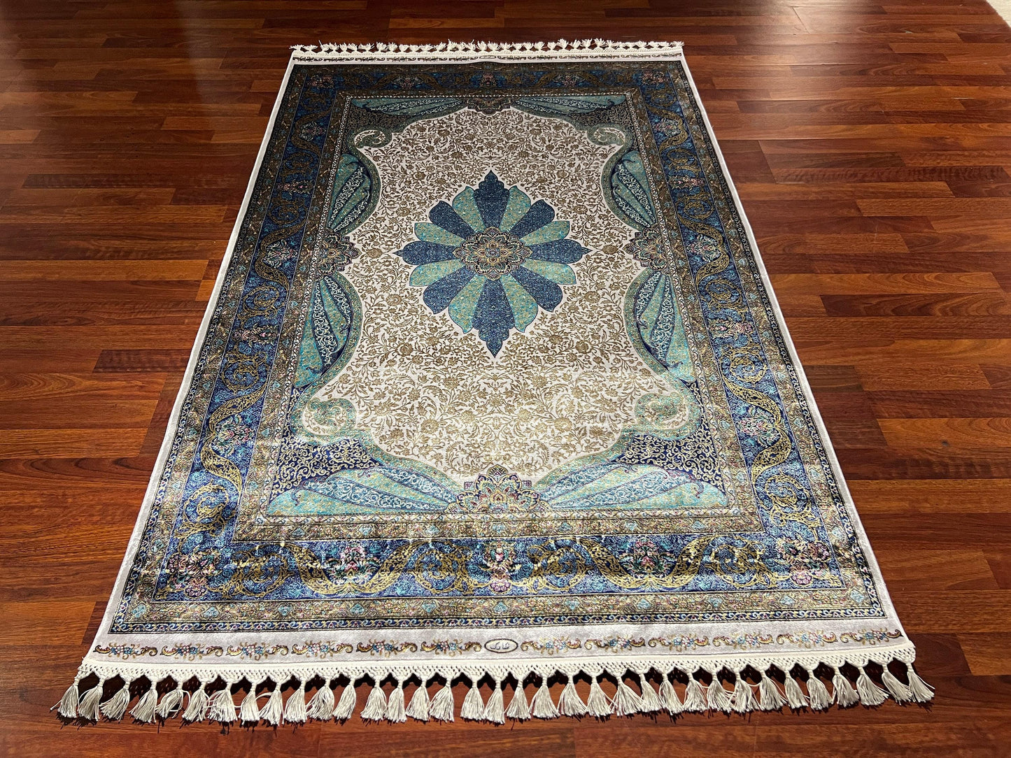 Blue Floral Runner Rug, 4x6 Hallway Rug, Living Room Rug, Turkish Silk Rug