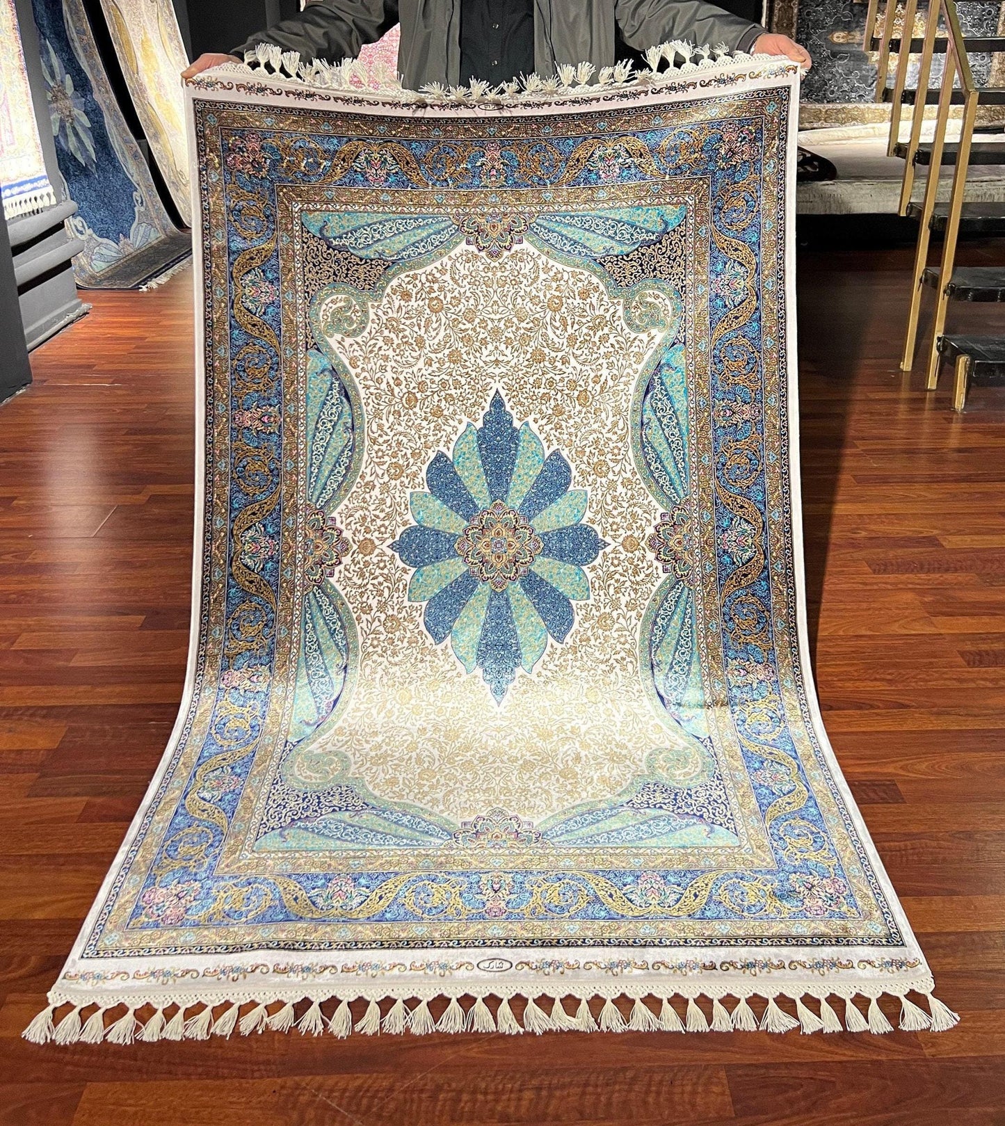 Blue Floral Runner Rug, 4x6 Hallway Rug, Living Room Rug, Turkish Silk Rug