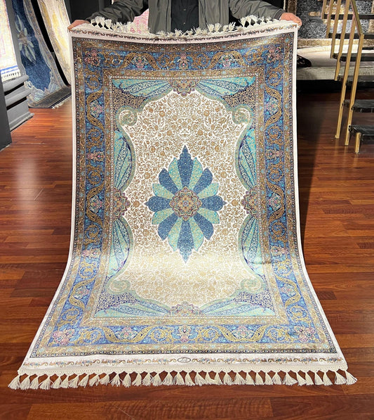 Blue Floral Runner Rug, 4x6 Hallway Rug, Living Room Rug, Turkish Silk Rug