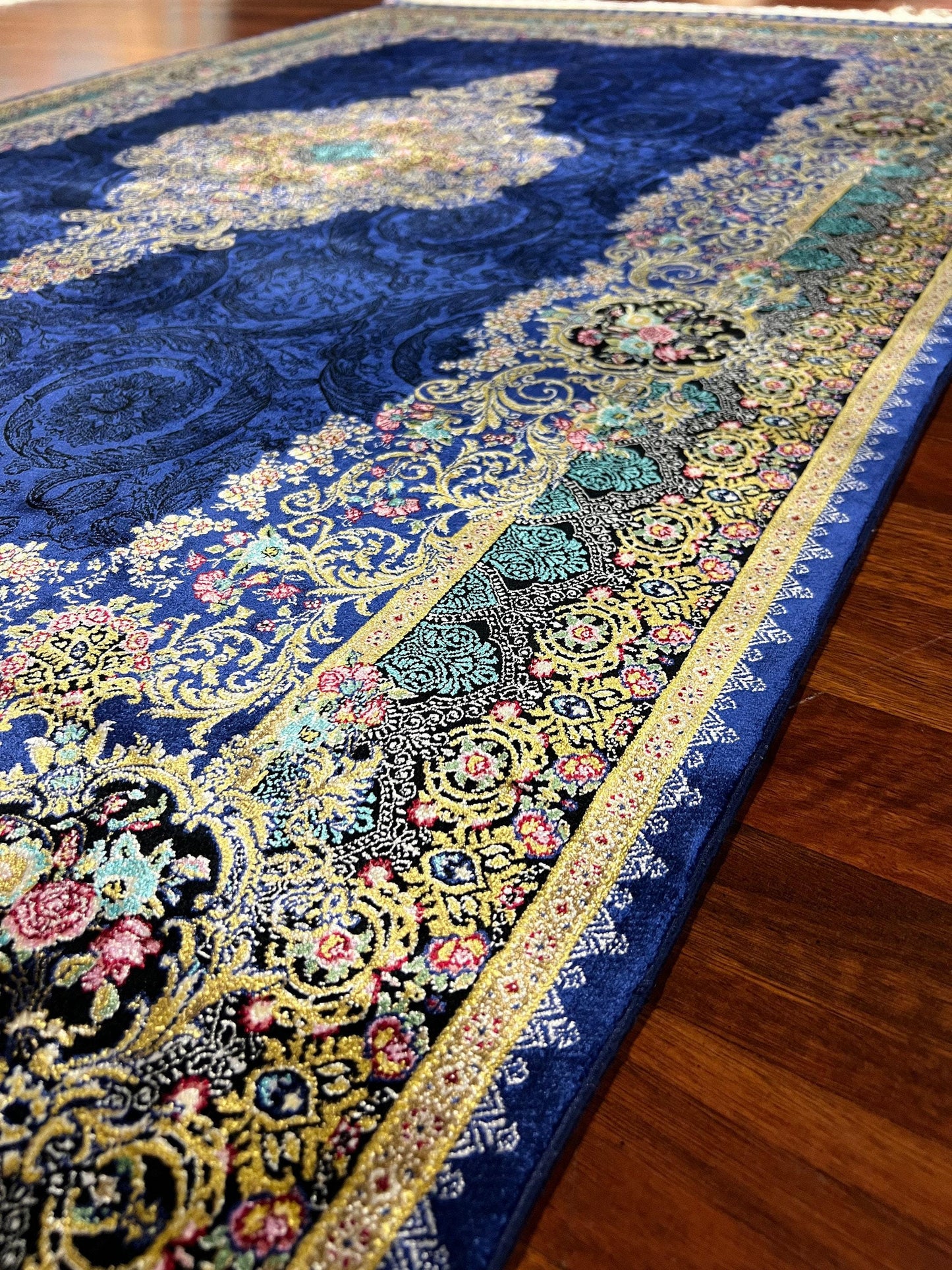 Blue Medallion Runner Rug, 4x6 Hallway Rug, Runner Silk Carpet, Turkish Silk Rug