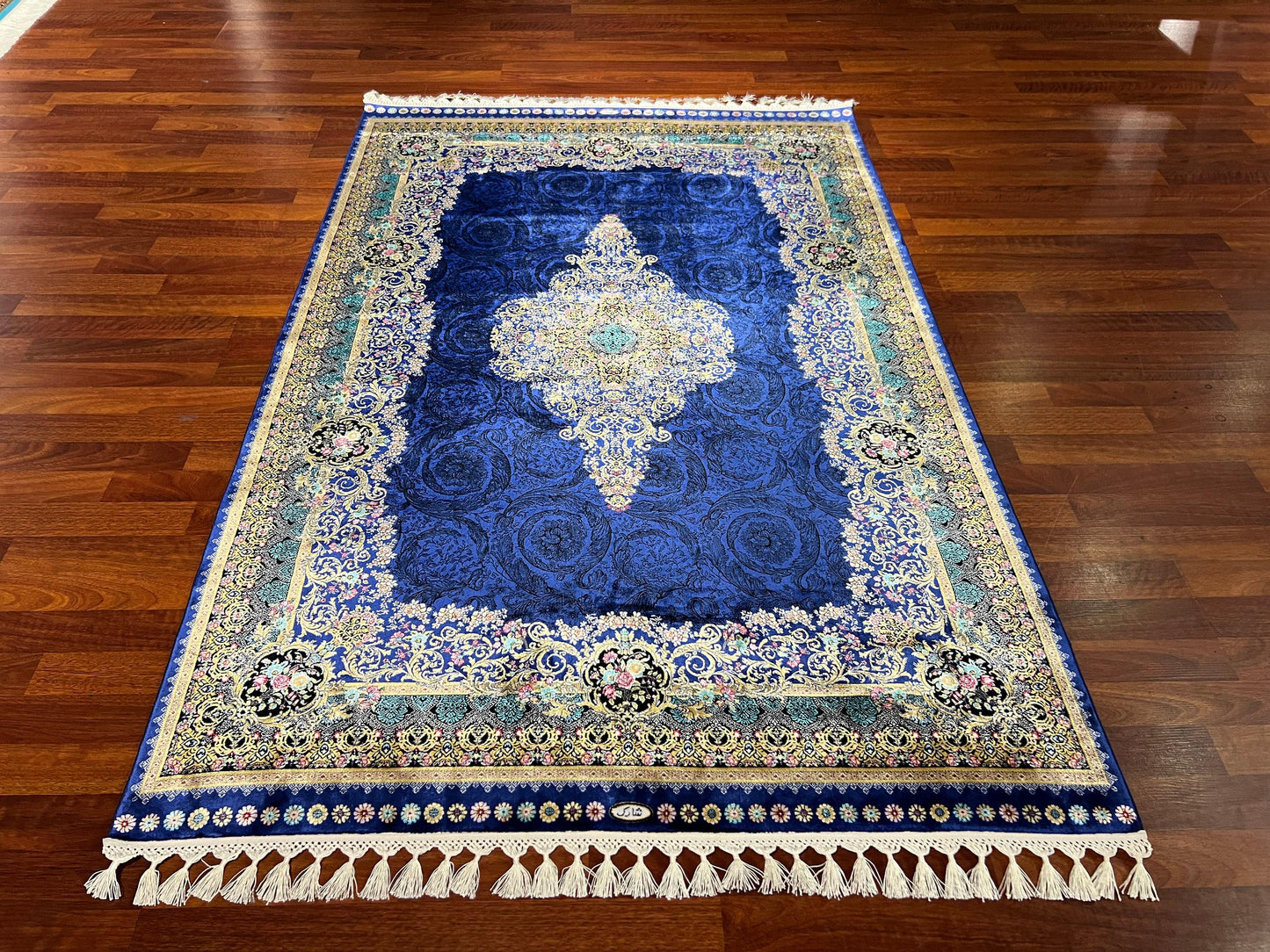 Blue Medallion Runner Rug, 4x6 Hallway Rug, Runner Silk Carpet, Turkish Silk Rug