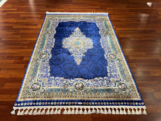 Blue Medallion Runner Rug, 4x6 Hallway Rug, Runner Silk Carpet, Turkish Silk Rug