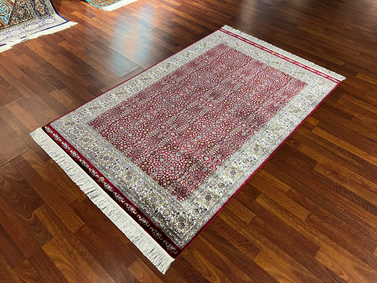 Red Floral Runner Rug, 4x6 Hallway Rug, Bedroom Runner, Turkish Silk Rug