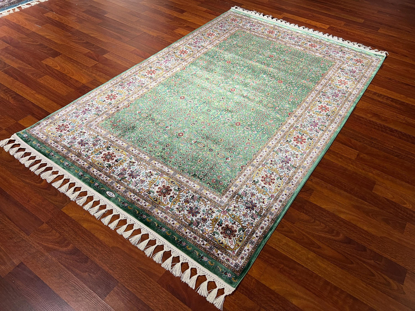 Green Floral Runner Rug, 4x6 Hallway Rug, Silk Runner, Turkish Silk Rug