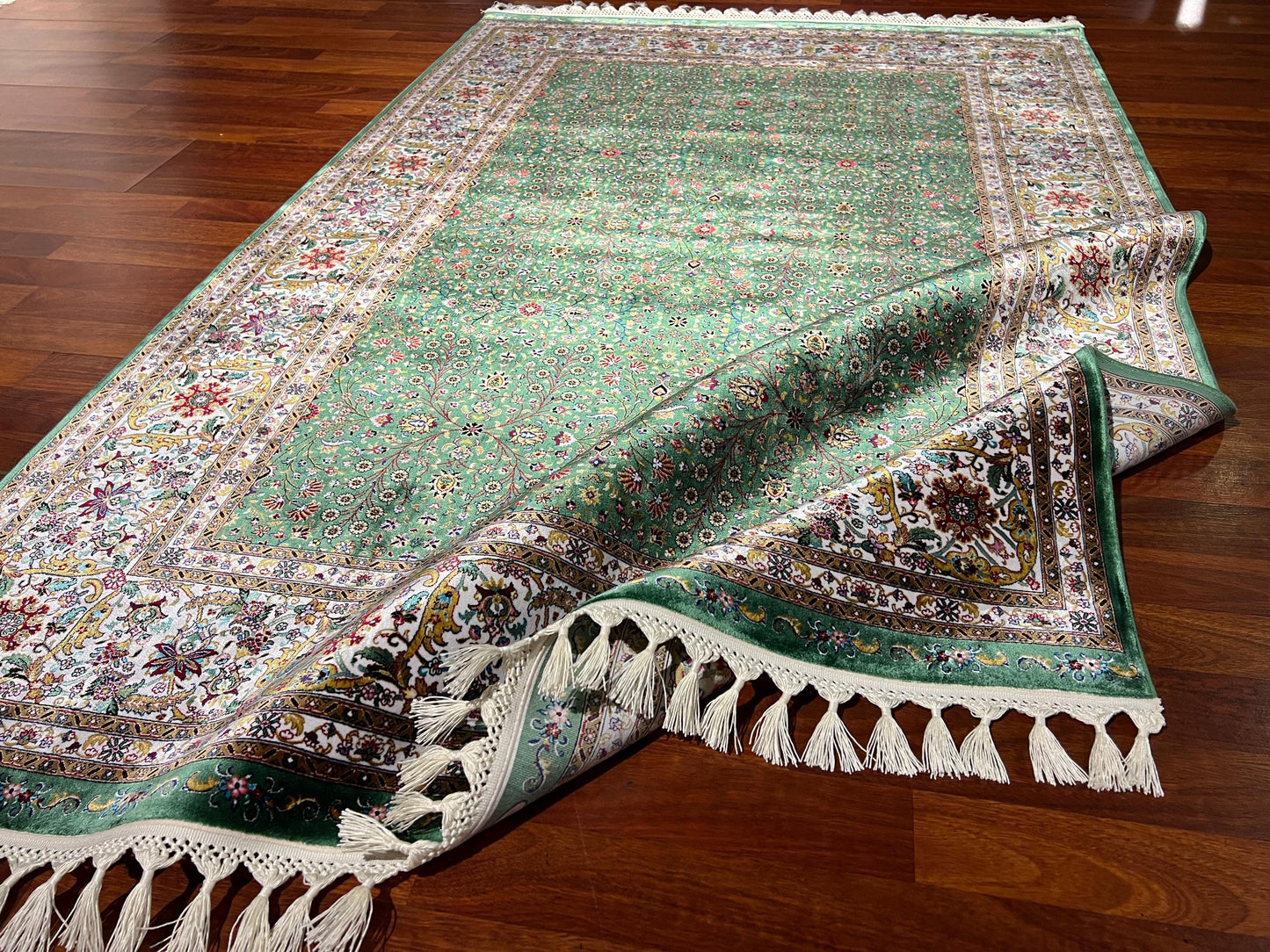 Green Floral Runner Rug, 4x6 Hallway Rug, Silk Runner, Turkish Silk Rug