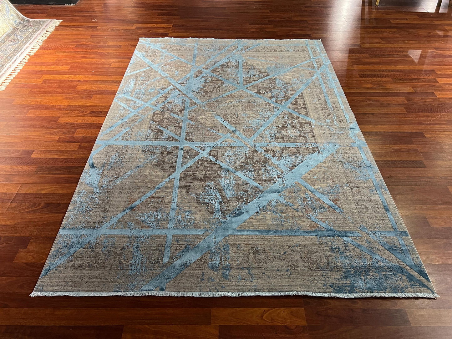 5x8 Gray Blue Geometric Rug, Bamboo Acrylic Area Rug, Modern Living Room Office Carpet