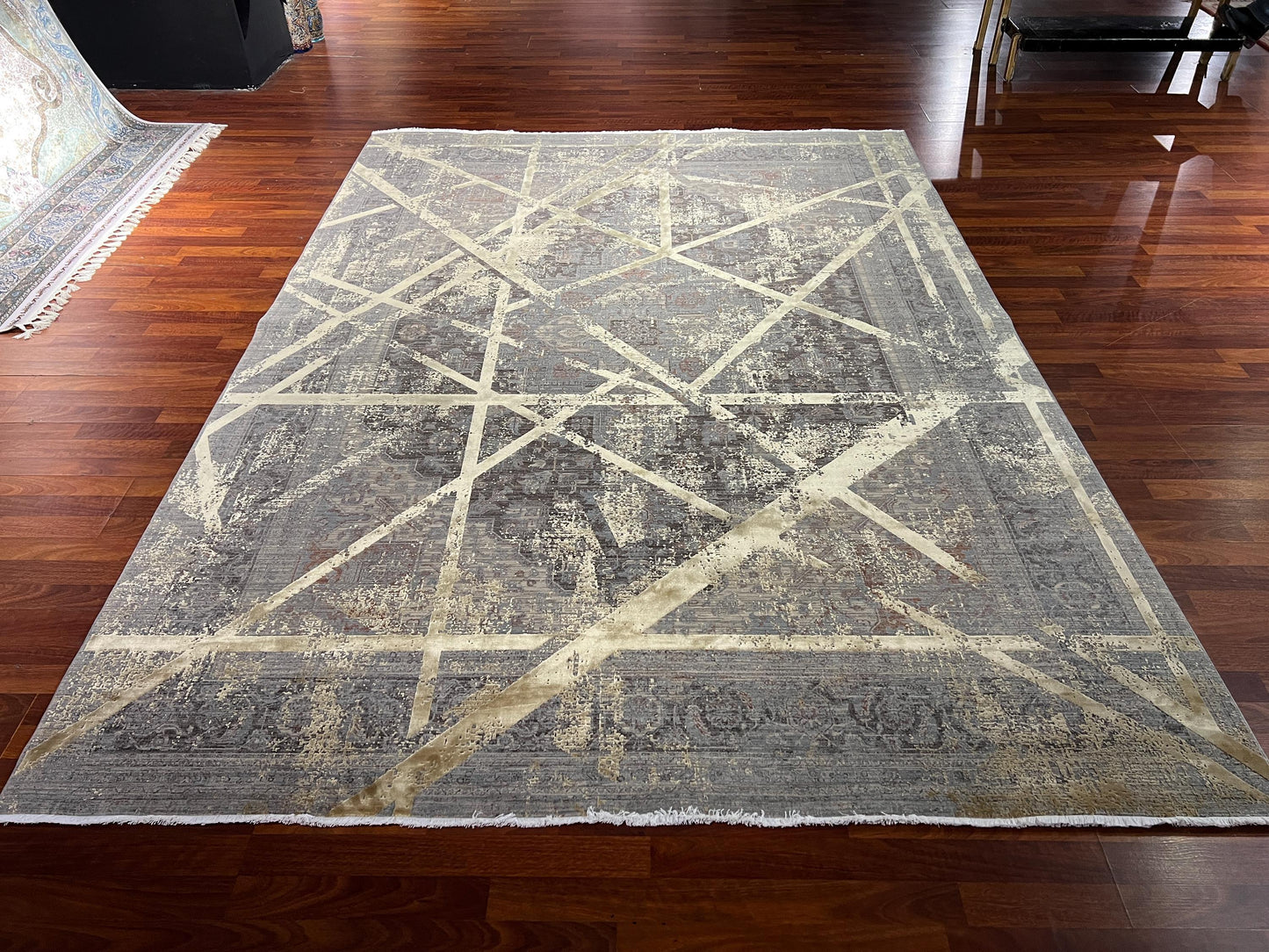 5x8 Gray Gold Geometric Rug, Bamboo Acrylic Area Rug, Modern Living Room Office Carpet