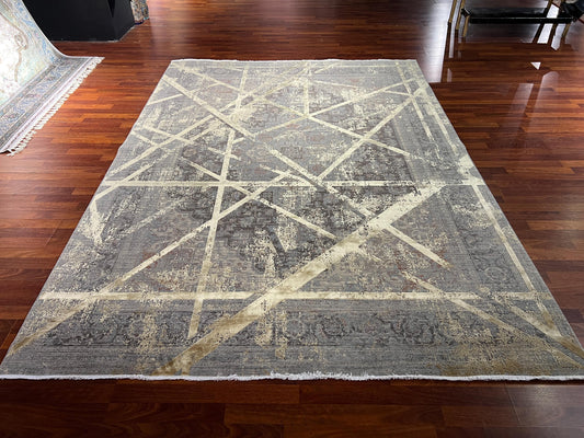 5x8 Gray Gold Geometric Rug, Bamboo Acrylic Area Rug, Modern Living Room Office Carpet