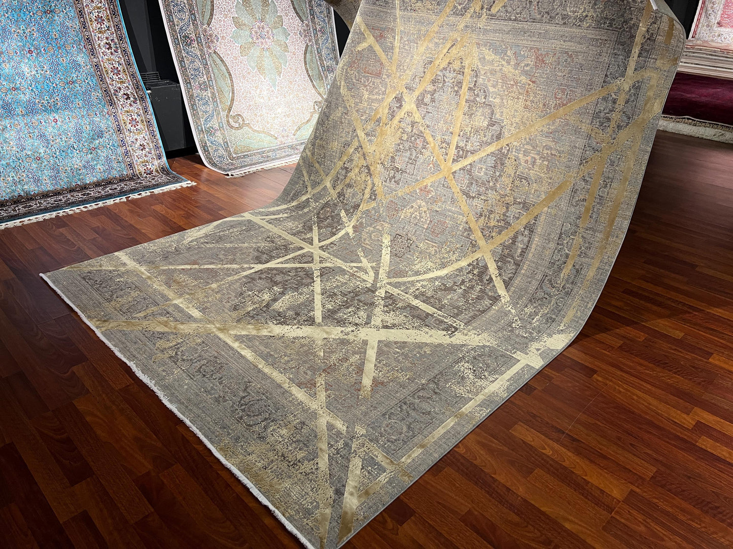 5x8 Gray Gold Geometric Rug, Bamboo Acrylic Area Rug, Modern Living Room Office Carpet