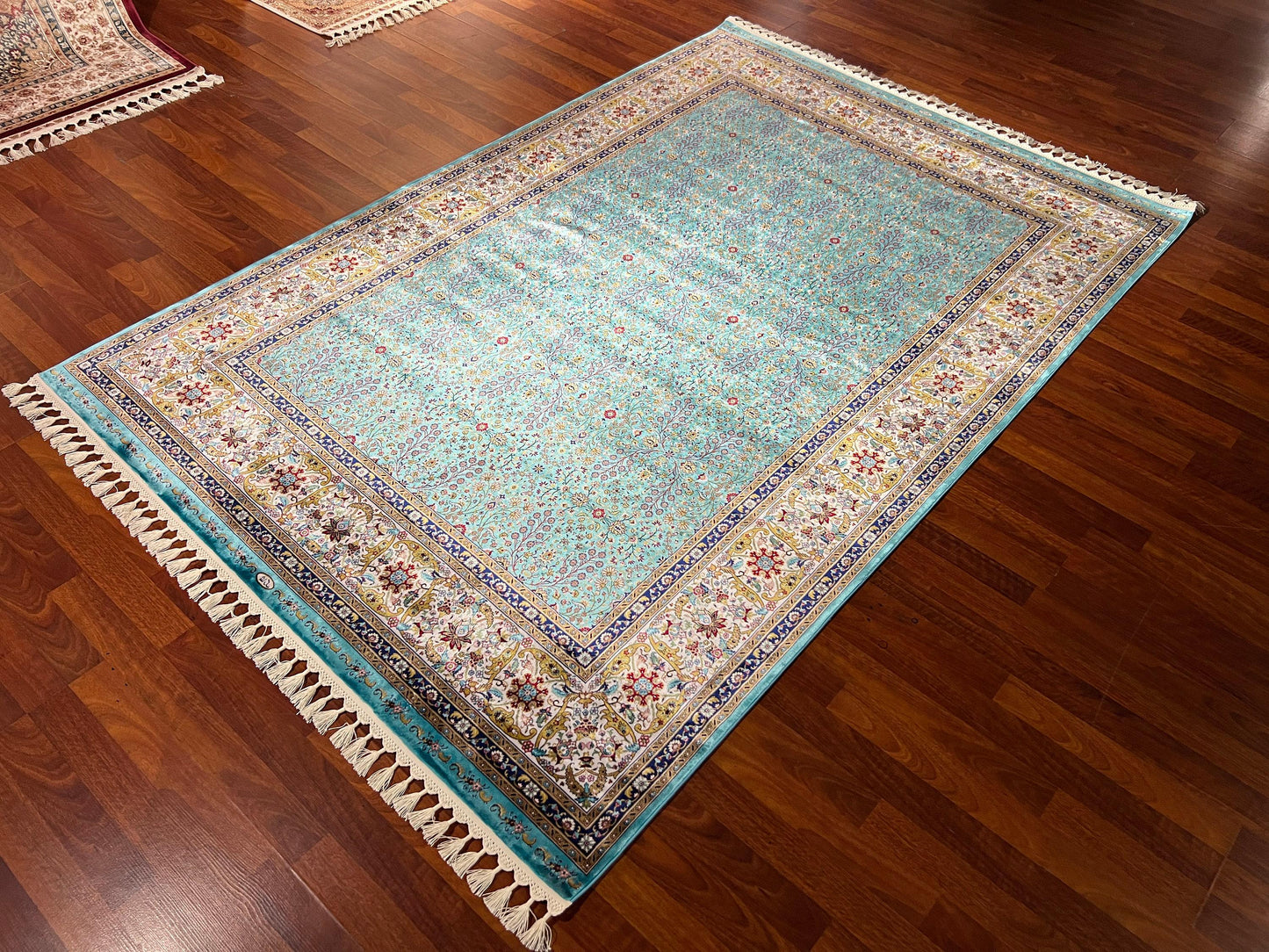 4x6 Blue Silk Runner Rug, Turquoise Floral Rug, Hallway Rug, Bedroom Runner, Turkish Silk Rug, Luxury Decor Rug