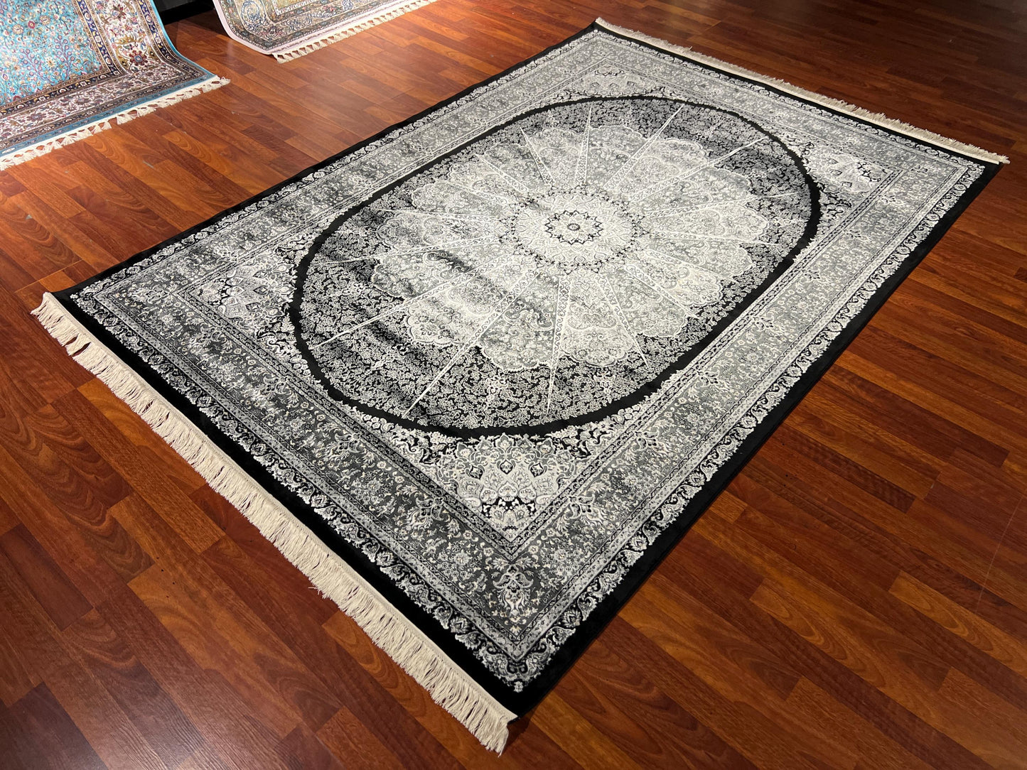 5x8 Black Ivory Silk Rug, Bamboo Silk Area Rug, Luxury Medallion Living Room Carpet