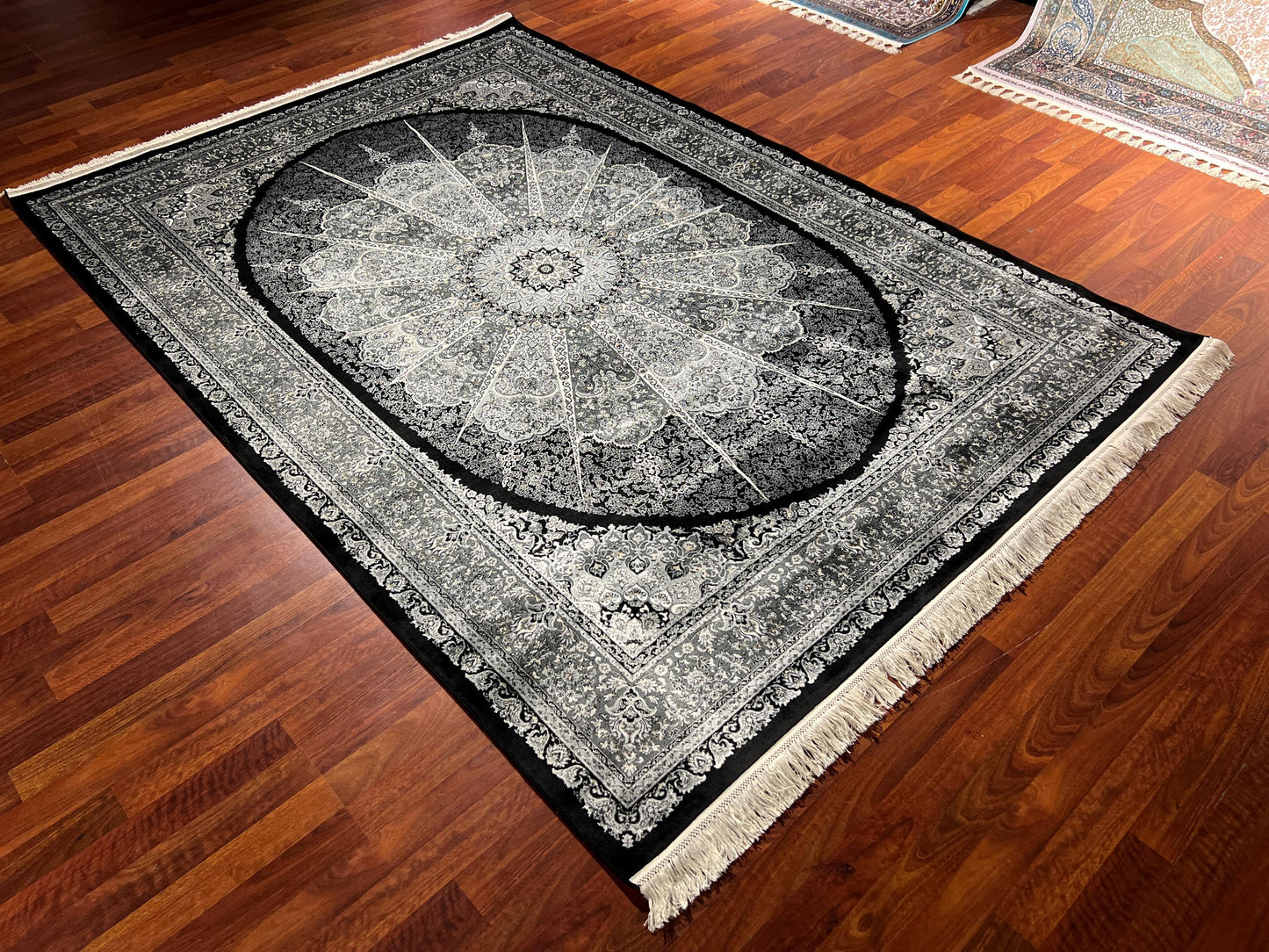 5x8 Black Ivory Silk Rug, Bamboo Silk Area Rug, Luxury Medallion Living Room Carpet