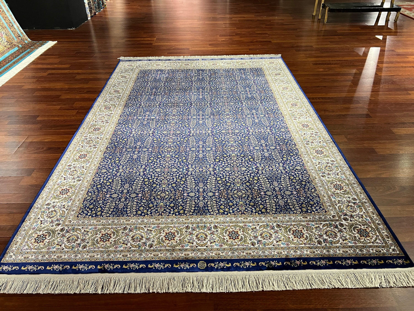 5x8 Blue Gold Bamboo Silk Rug, Authentic Pattern Area Rug, Luxury Living Room Carpet, Turkish Style Home Decor Rug