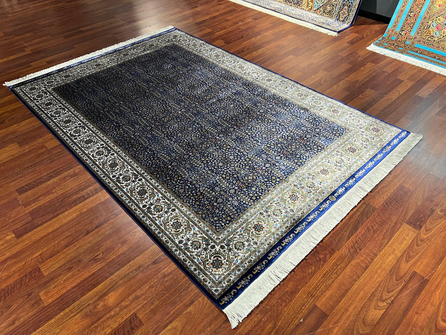 5x8 Blue Gold Bamboo Silk Rug, Authentic Pattern Area Rug, Luxury Living Room Carpet, Turkish Style Home Decor Rug