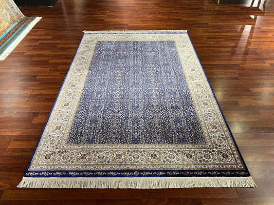 5x8 Blue Gold Bamboo Silk Rug, Authentic Pattern Area Rug, Luxury Living Room Carpet, Turkish Style Home Decor Rug