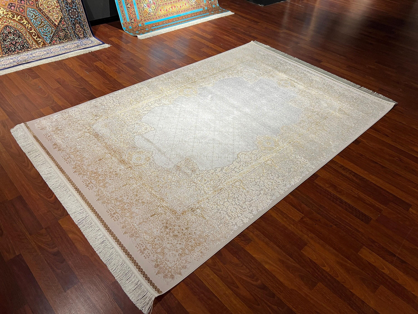 5x8 Gold Beige Silk Rug, Floral Area Rug, Luxury Living Room Carpet, High Quality Home Decor Rug