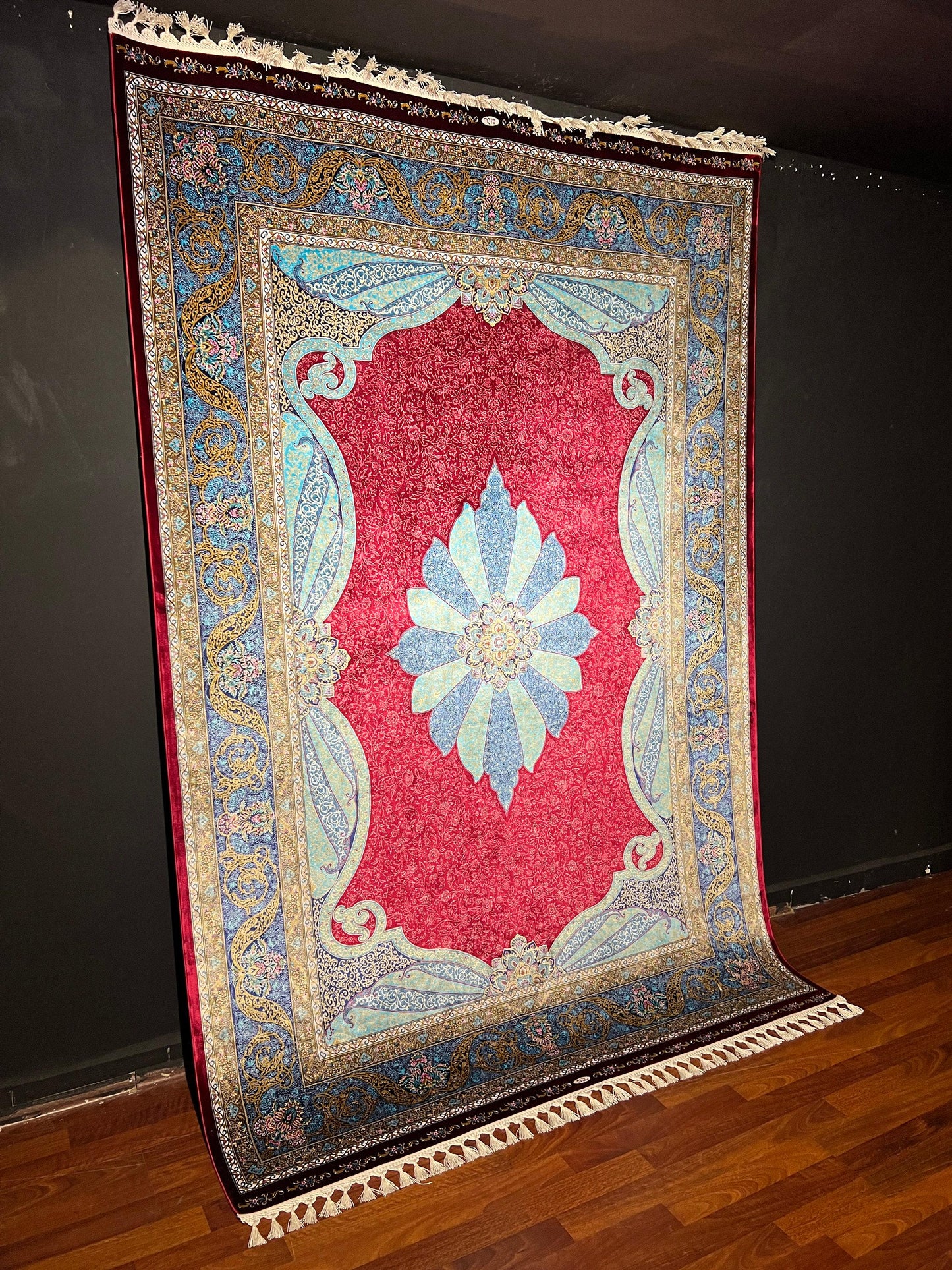 4x6 Blue Medallion Silk Runner Rug, Hallway Rug, Bedroom Runner, Turkish Silk Rug, Luxury Floral Rug, Entryway Decor