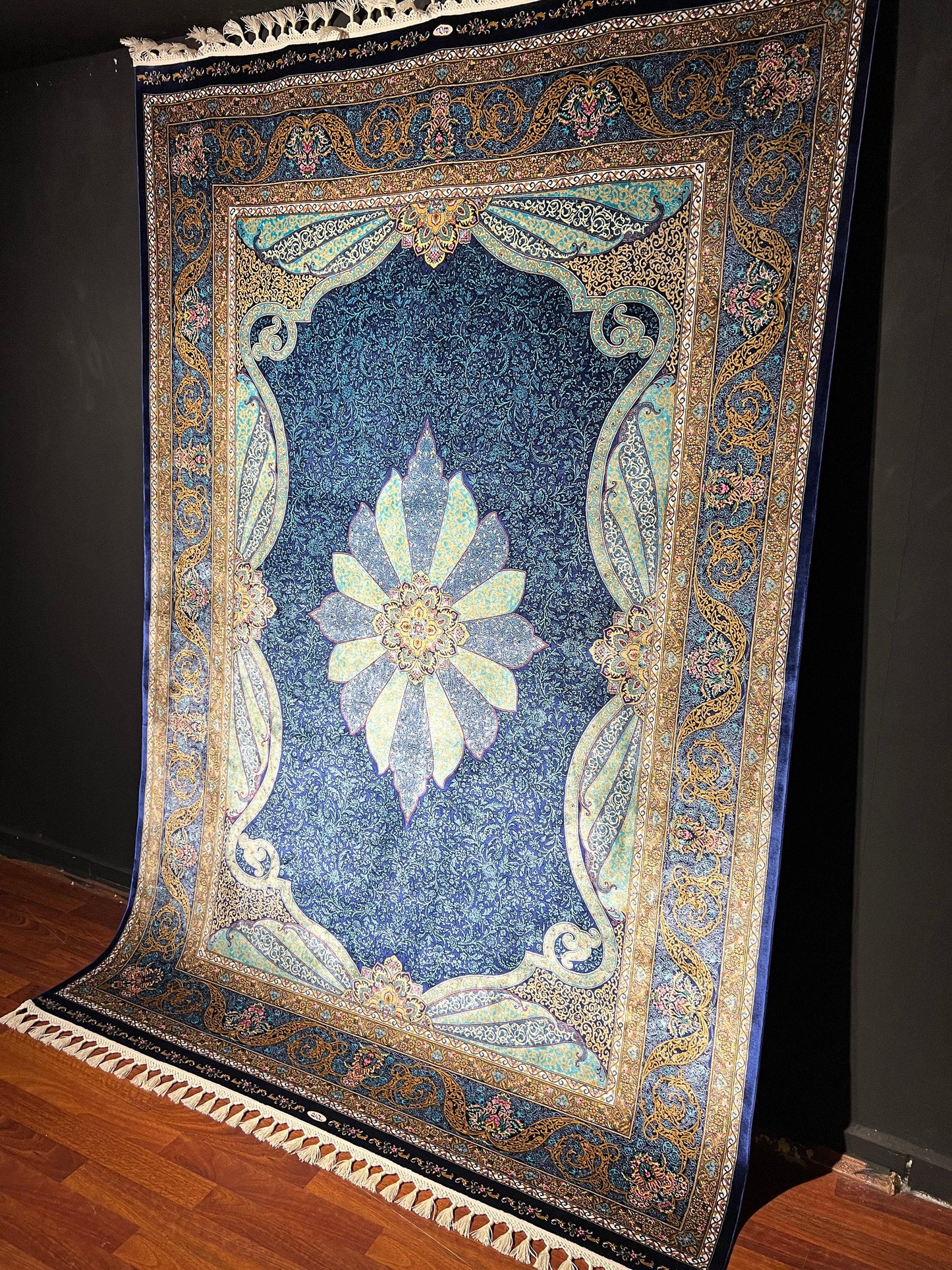4x6 Blue Beige Medallion Silk Runner Rug, Hallway Rug, Bedroom Runner, Turkish Silk Rug, Luxury Decor