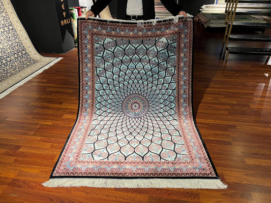 Black Blue Dome Pattern Silk Rug, 4x6 Area Rug, Luxury Living Room Rug, Turkish Silk Rug, Classic Dome Design Rug, Elegant Decor