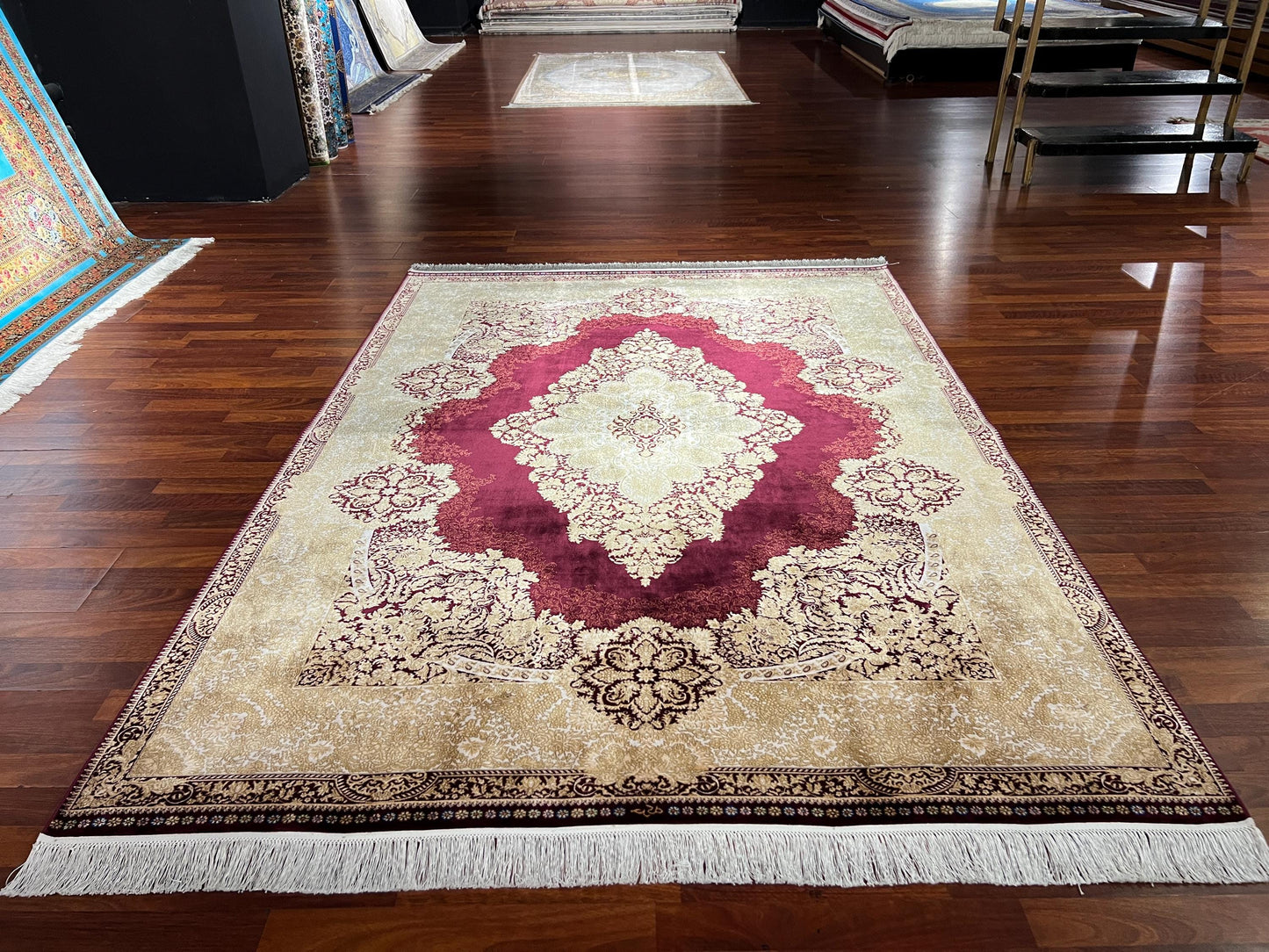 5x8 Gold Red Silk Rug, Turkish Style Area Rug, Luxury Living Room Carpet, Elegant Home Decor Rug