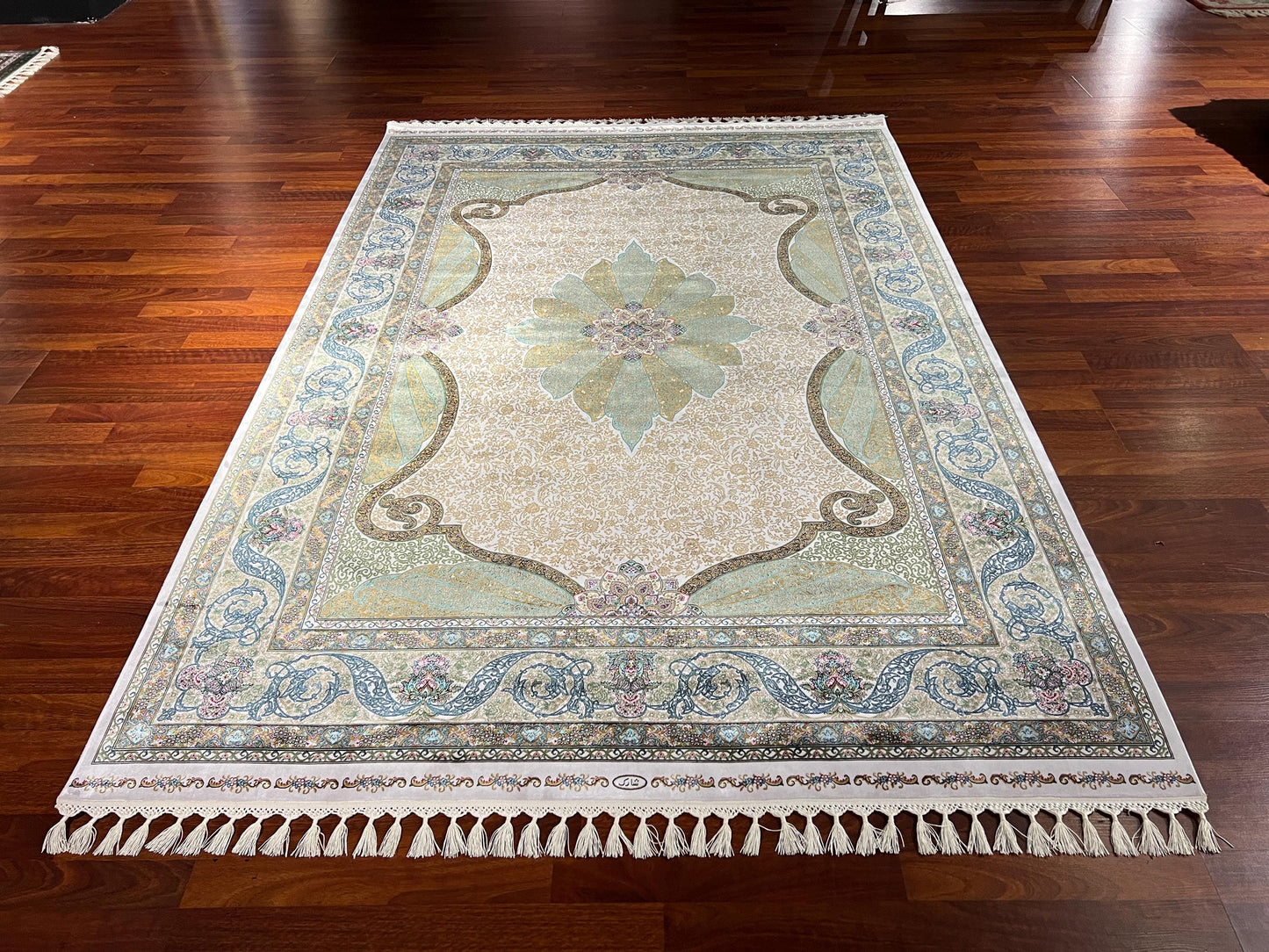 5x8 Green Medallion Silk Rug, Traditional Area Rug, Luxury Living Room Carpet, Elegant Floral Silk Rug
