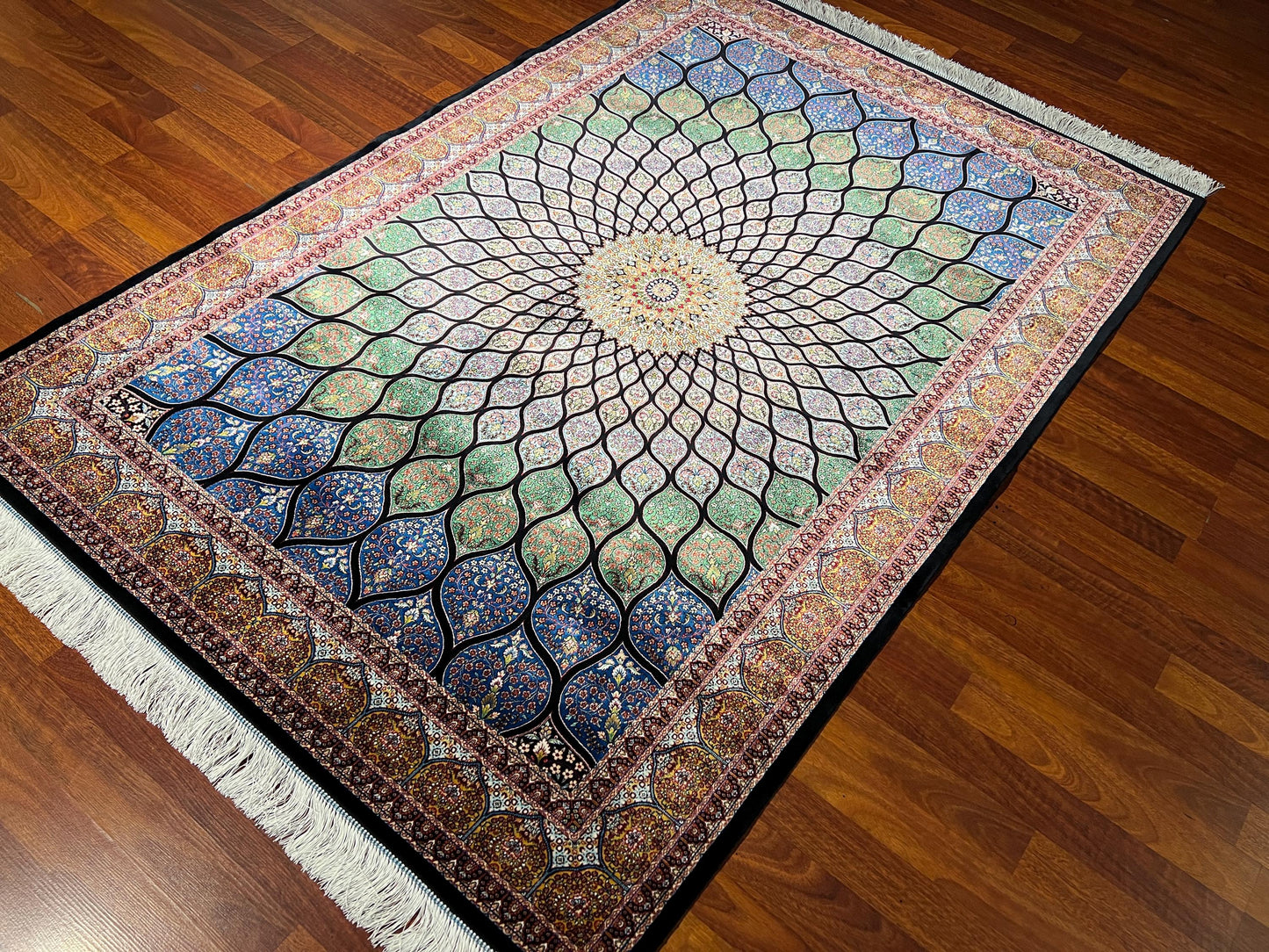 Blue Beige Floral Silk Rug, 4x6 Area Rug, Living Room Rug, Turkish Silk Rug, Luxury Home Decor Rug, Classic Floral Rug