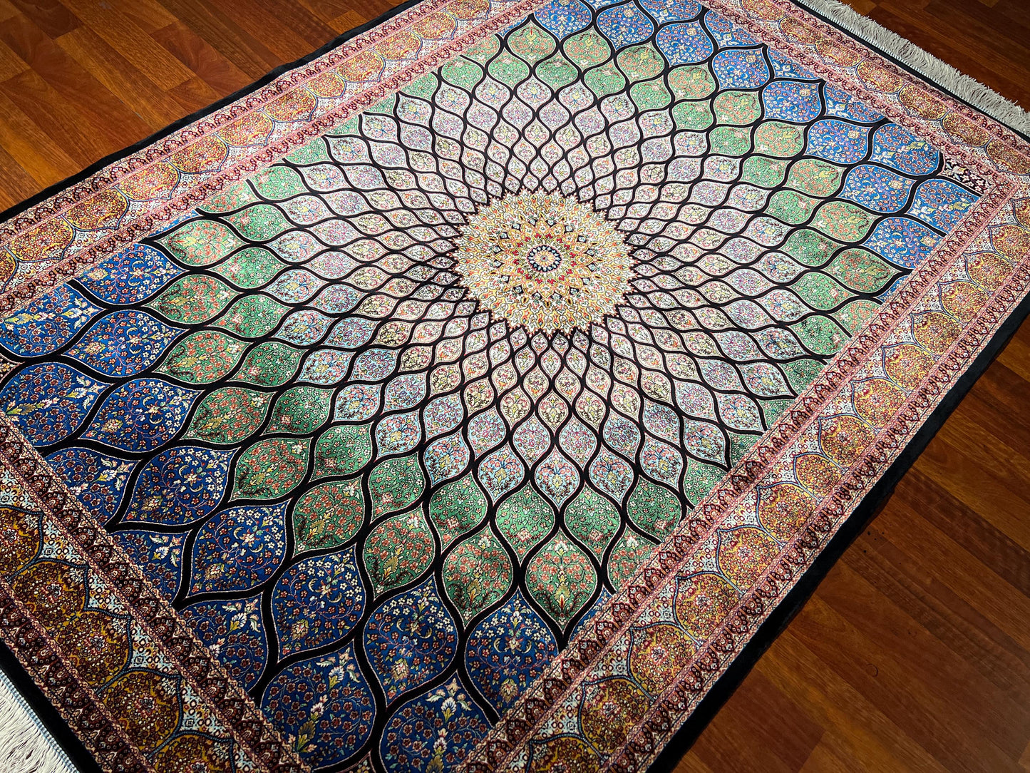 Blue Beige Floral Silk Rug, 4x6 Area Rug, Living Room Rug, Turkish Silk Rug, Luxury Home Decor Rug, Classic Floral Rug