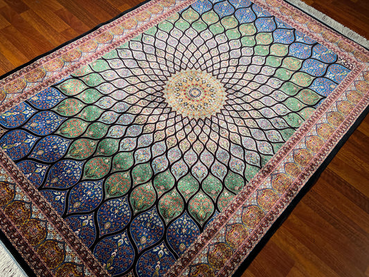 Blue Beige Floral Silk Rug, 4x6 Area Rug, Living Room Rug, Turkish Silk Rug, Luxury Home Decor Rug, Classic Floral Rug