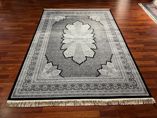 5x8 Black Ivory Silk Rug, Bamboo Silk Area Rug, Luxury Living Room Carpet, Classic Medallion Rug