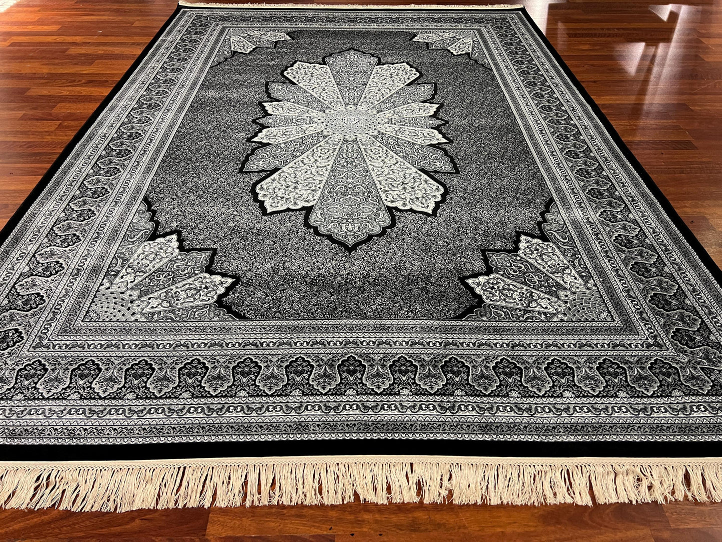 5x8 Black Ivory Silk Rug, Bamboo Silk Area Rug, Luxury Living Room Carpet, Classic Medallion Rug