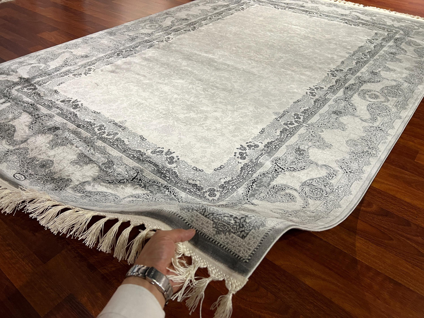 5x8 Gray Silver Silk Rug, Traditional Rectangle Area Rug, Luxury Living Room Carpet, Elegant Floral Bamboo Silk Rug