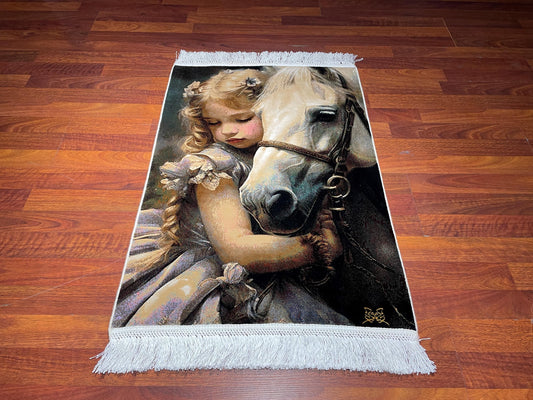 2x3 Girl and Horse Tapestry Rug, Modal Silk Wall Hanging Rug, Horse Lover Gift Rug, Decorative Wall Decor Carpet
