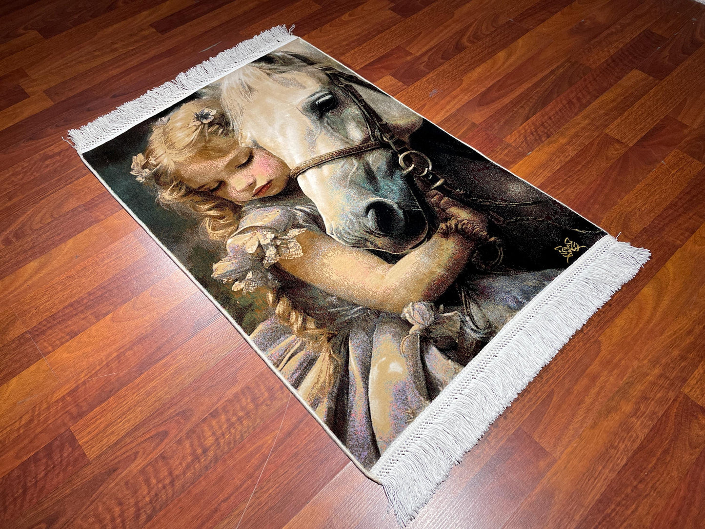 2x3 Girl and Horse Tapestry Rug, Modal Silk Wall Hanging Rug, Horse Lover Gift Rug, Decorative Wall Decor Carpet