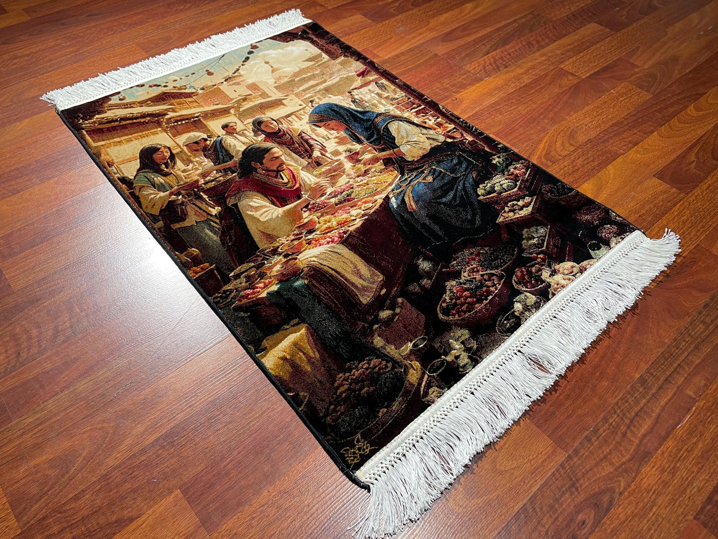 2x3 Oriental Bazaar Tapestry Rug, Modal Silk Wall Hanging, Traditional Market Scene Gift Rug