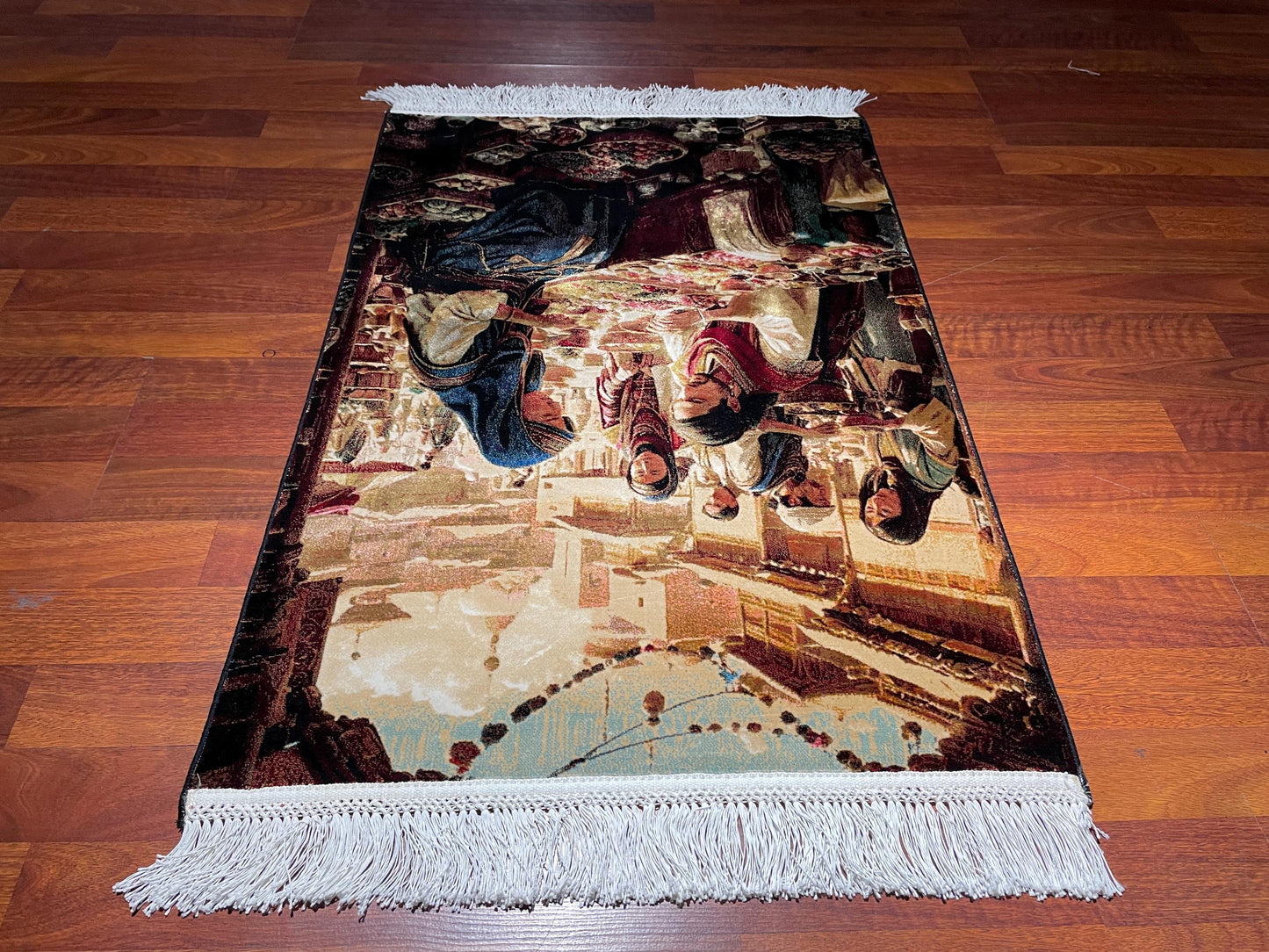 2x3 Oriental Bazaar Tapestry Rug, Modal Silk Wall Hanging, Traditional Market Scene Gift Rug