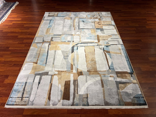 5x8 Modern Abstract Bamboo Rug, Gray Beige Area Rug, Luxury Living Room Carpet, Contemporary Home Decor Rug
