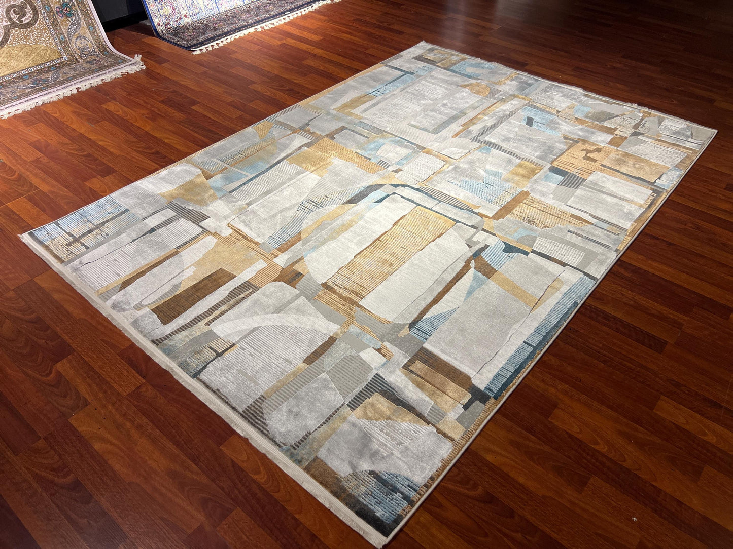 5x8 Modern Abstract Bamboo Rug, Gray Beige Area Rug, Luxury Living Room Carpet, Contemporary Home Decor Rug