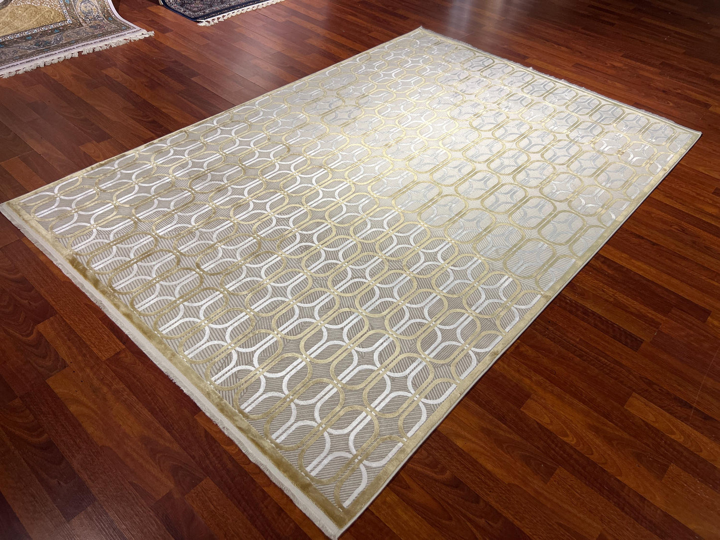 5x8 Beige Gold Bamboo Rug, Modern Geometric Area Rug, Luxury Living Room Carpet, Elegant Home Decor Rug