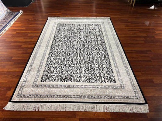 5x8 Black Ivory Bamboo Silk Rug, Floral Area Rug, Luxury Living Room Carpet, Elegant Home Decor Rug