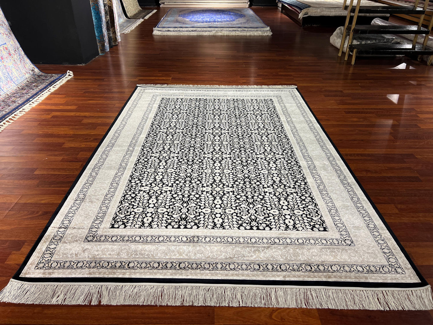 5x8 Black Ivory Bamboo Silk Rug, Floral Area Rug, Luxury Living Room Carpet, Elegant Home Decor Rug