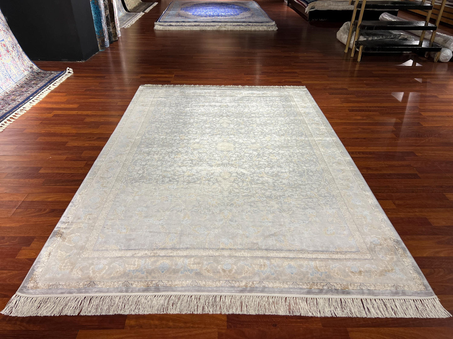 5x8 Gray Gold Bamboo Silk Rug, Floral Area Rug, Luxury Living Room Carpet, Turkish Style Home Decor Rug