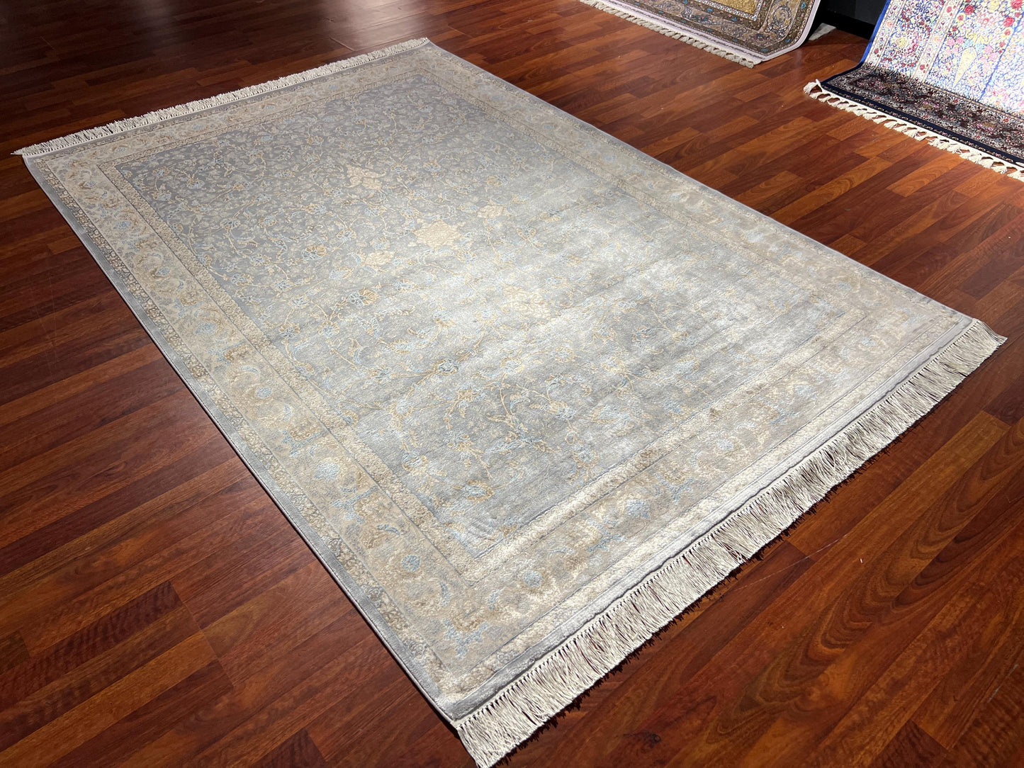 5x8 Gray Gold Bamboo Silk Rug, Floral Area Rug, Luxury Living Room Carpet, Turkish Style Home Decor Rug