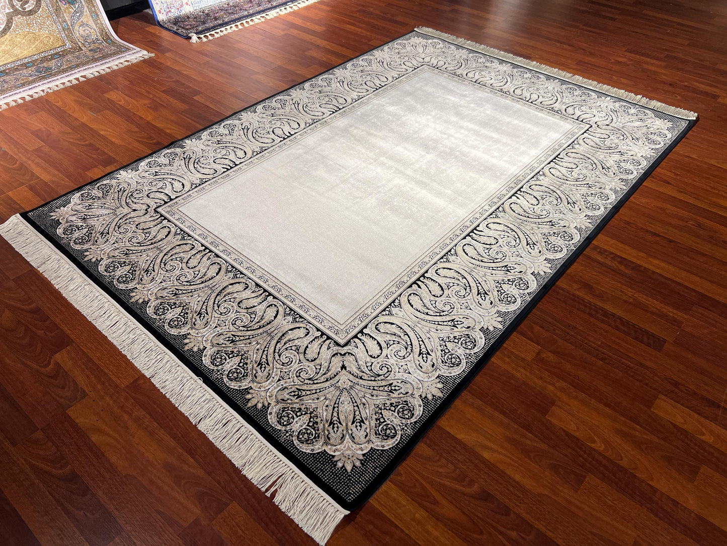 5x8 Black Cream Modal Silk Rug, Ornate Border Area Rug, Luxury Living Room Carpet, Elegant Home Decor Rug