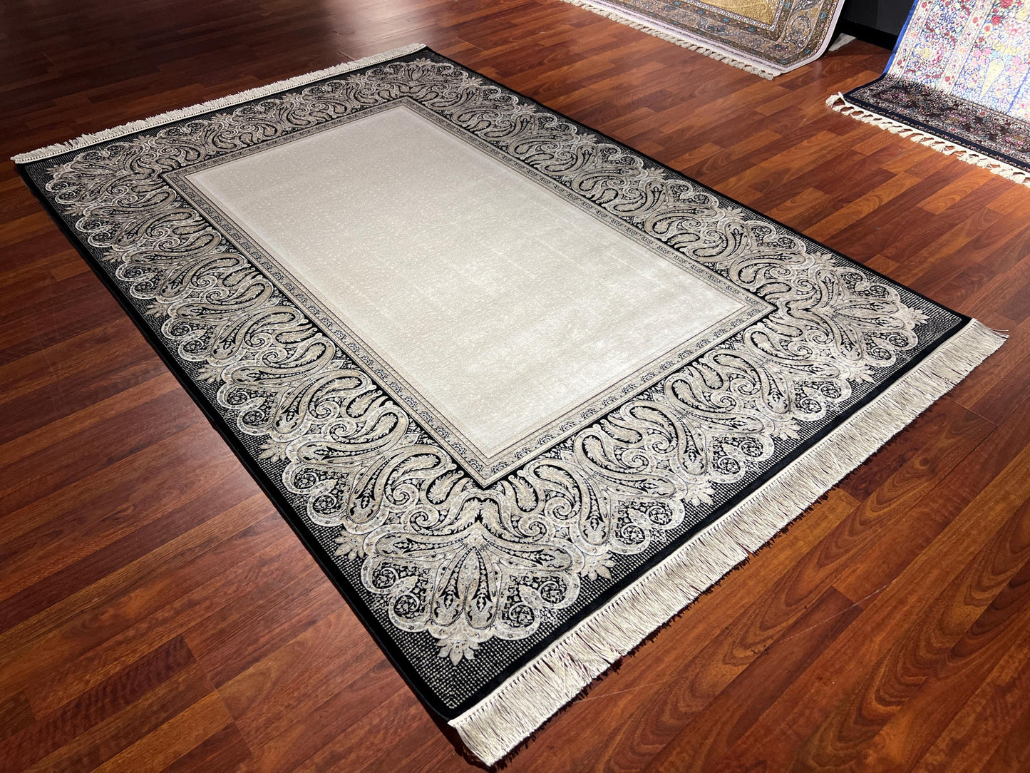 5x8 Black Cream Modal Silk Rug, Ornate Border Area Rug, Luxury Living Room Carpet, Elegant Home Decor Rug