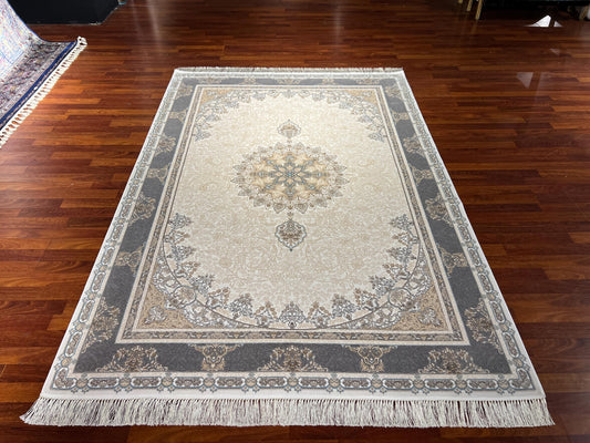 5x8 Gray Cream Turkish Modal Silk Rug, Floral Medallion Area Rug, Luxury Living Room Carpet, Elegant Home Decor Rug