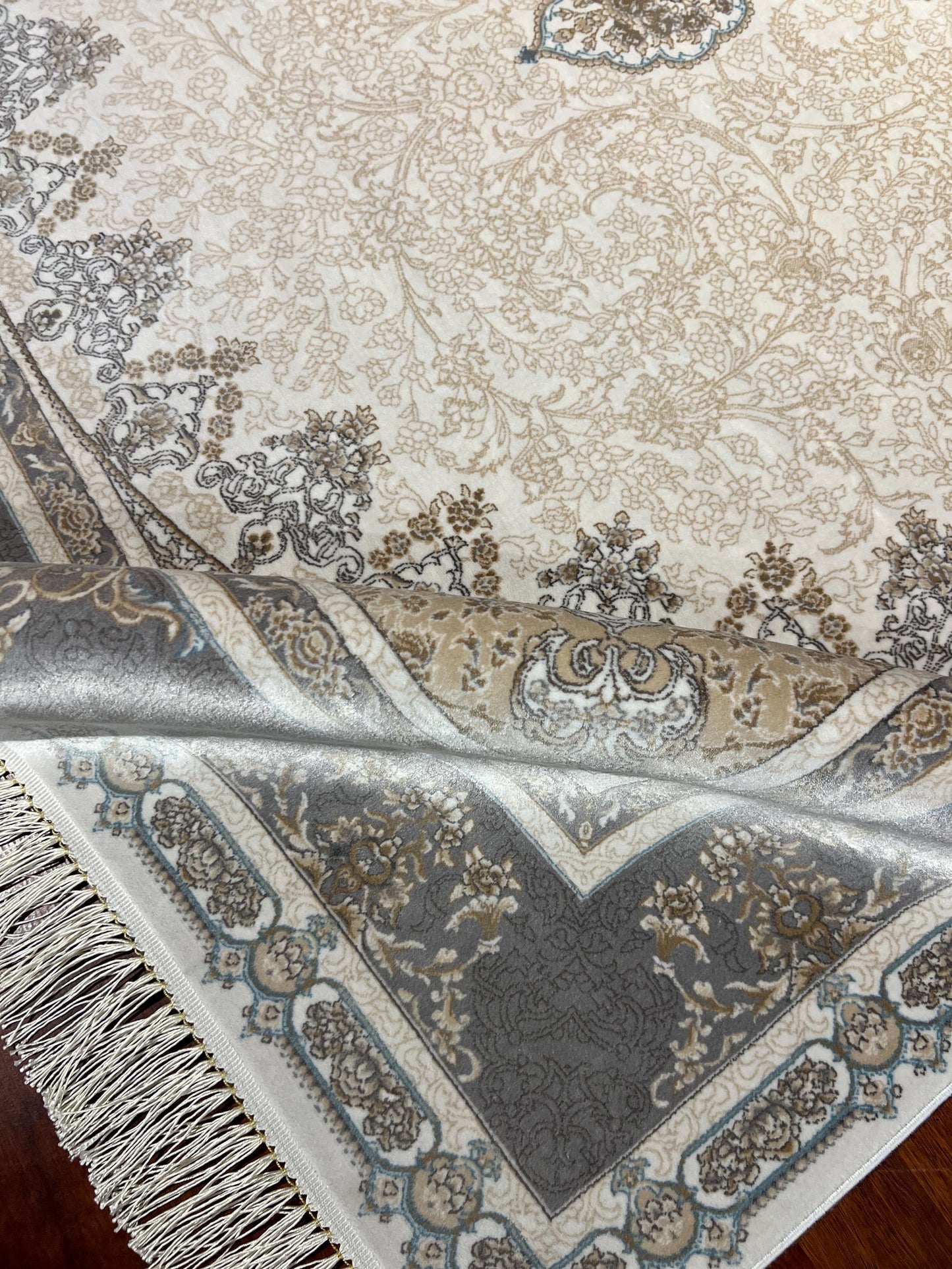 5x8 Gray Cream Turkish Modal Silk Rug, Floral Medallion Area Rug, Luxury Living Room Carpet, Elegant Home Decor Rug